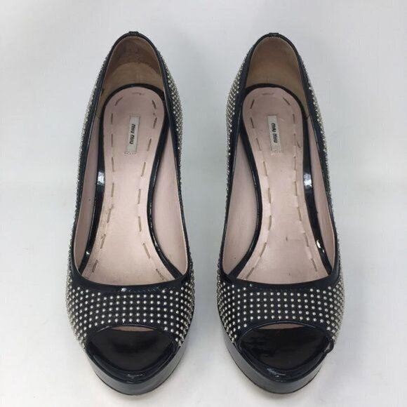 Miu Miu PRADA Shoes Heels Pumps Black Patent Studs Peep Toe Italy 39 - Picture 5 of 14